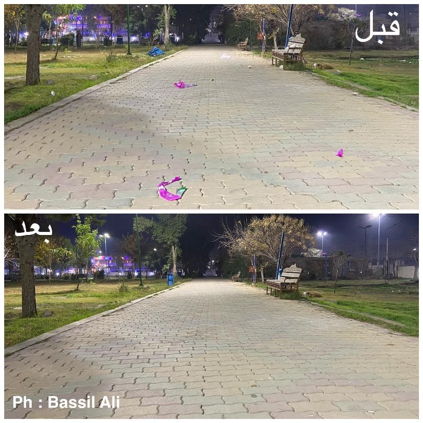 الرقة.. 3 شبان يطلقون مبادرة فردية لتنظيف حديقة الرشيد من الأوساخ