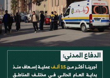 الدفاع المدني: أجرينا أكثر من 15 ألف عملية إسعاف منذ بداية العام الحالي في مختلف المناطق السورية وبلغ عدد المستفيدين 23952 مدنياً.