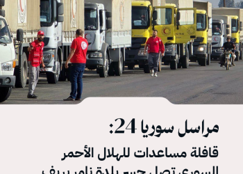 مراسل سوريا 24: قافلة مساعدات للهلال الأحمر السوري تصل جسر بلدة نامر بريف درعا في طريقها إلى السويداء.
