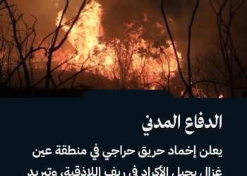 الدفاع المدني يعلن إخماد حريق حراجي في منطقة عين غزال بجبل الأكراد في ريف اللاذقية، وتبريد أماكن النيران لمنع تجدد اشتعالها