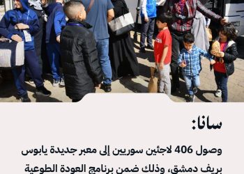 سانا: وصول 406 لاجئين سوريين إلى معبر جديدة يابوس بريف دمشق، وذلك ضمن برنامج العودة الطوعية من لبنان إلى سوريا، الذي تنظمه مفوضية الأمم المتحدة لشؤون اللاجئين.