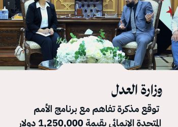وزارة العدل توقع مذكرة تفاهم مع برنامج الأمم المتحدة الإنمائي بقيمة 1,250,000 دولار لدعم برنامج “الوصول إلى العدالة”.